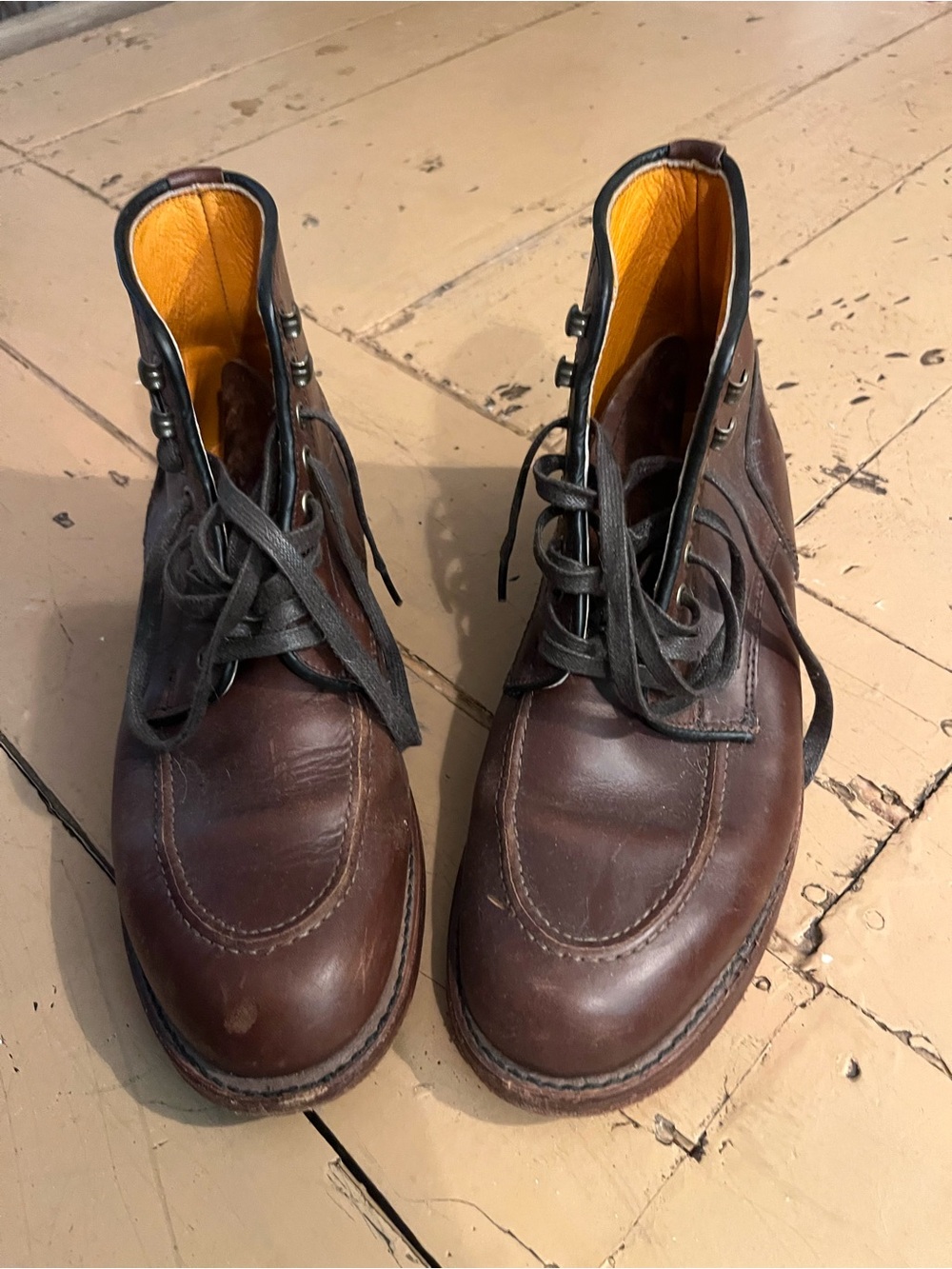 Frye Brown Leather Lace-Up Moc Toe Boots with Tan Interior. Walter lace up style